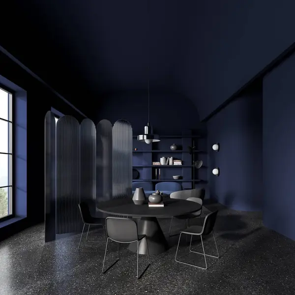 深蓝色居家客厅内部有餐桌和椅子 沙发上有扶手椅 架子上有隔板 乡村的全景窗户 3D渲染 — 图库照片