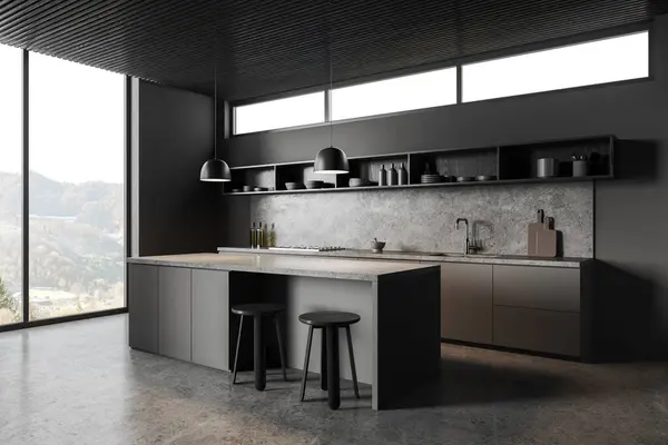 Gri duvarları, beton zemini, tencere ve lavaboda yapılmış rahat gri dolapları, üzerlerinde rahat raflar ve gri tabureli gri adaları olan şık mutfakların köşesi. 3d oluşturma