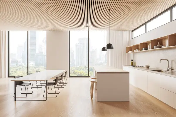 Yemek masası ve bar adası olan şık bir mutfak. Dolap ve mutfak gereçleriyle yemek pişirme yeri. New York gökdelenlerinin panoramik penceresi. 3B görüntüleme