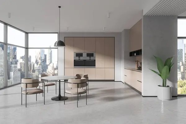 Interior Modern Kitchen White Beige Walls Concrete Floor Beige Cupboards — Stock Photo, Image