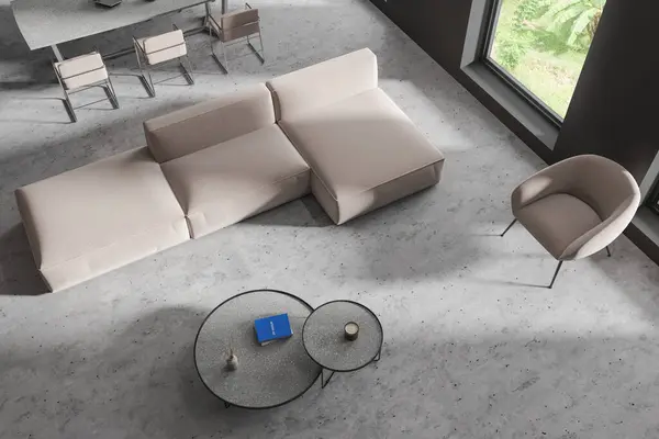 Top View Stylish Living Room Gray Walls Concrete Floor Comfortable — Stock Photo, Image