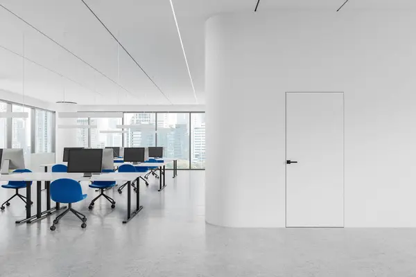 Cozy office interior with chairs and desk in row, light concrete floor. Coworking room with invisible door, pc computers and panoramic window on New York skyscrapers. 3D rendering