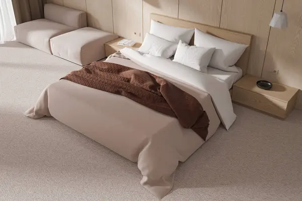 Modern Yatak Odası Manzarası Ahşap Duvarlar Halı Döşemeli Kahverengi Ekose — Stok fotoğraf