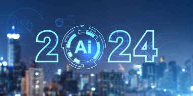 2024 yıllık yapay zeka hologramı ve bulanık panoramik Bangkok silueti. Yapay zeka kavramı, fütürist teknoloji, iş ve makine öğrenimi