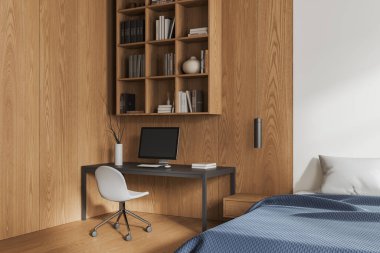 Beyaz ve ahşap duvarlı modern yatak odasının köşesi, ahşap zemin, mavi battaniyeli rahat yatak ve bilgisayar masalı rahat çalışma yeri, beyaz sandalye ve kitaplık. 3d oluşturma