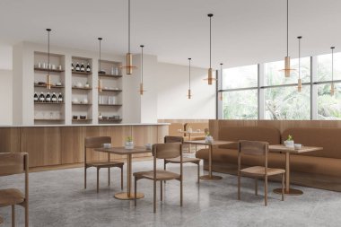 Beyaz duvarları, beton zemini, rahat ahşap tezgahı ve sandalyeli kare masaların yanında duran bej koltukları olan modern barın köşesi. 3d oluşturma