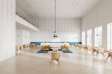 Buluşma yeri ve koltukları olan iki katlı beyaz bir kafe, sıralı yemek masası, minimalist mobilyalı lüks bir restoran. New York gökdelenlerinin panoramik penceresi. 3B görüntüleme