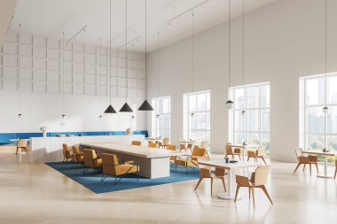 Toplantı yeri ve koltuğu olan lüks bir kafe, yan manzaralı koltuklu yemek masası, minimalist mobilyalar ve New York gökdelenlerinin panoramik penceresi. 3B görüntüleme