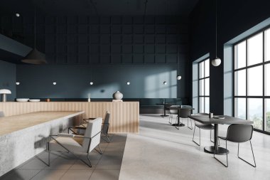 Konferans masası ve koltukları olan karanlık bir kafe sıralı sandalyeler ve kırsal kesimde panoramik pencereli yemek alanı. Minimalist restoranda buluşma yeri. 3B görüntüleme