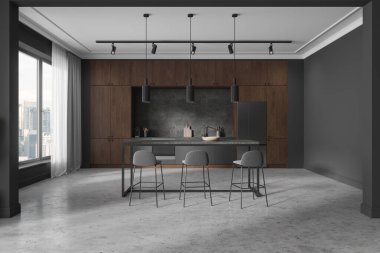 Gri ve ahşap duvarları, beton zemini, ahşap dolapları ve dolapları olan ve sandalyeli uzun yemek masası olan modern mutfağın içi. 3d oluşturma