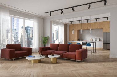 Beyaz ve ahşap ev stüdyosu. Kanepe ve kahve masası. Dolap ve buzdolabı olan yan manzaralı bar adası. New York gökdelenlerinin panoramik penceresi. 3B görüntüleme