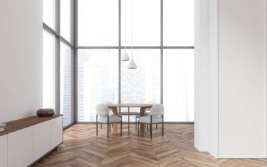 Beyaz duvarları, ahşap zemini ve panoramik pencerenin yanında duran beyaz sandalyeli yuvarlak yemek masası olan modern yemek odasının içi. 3d oluşturma