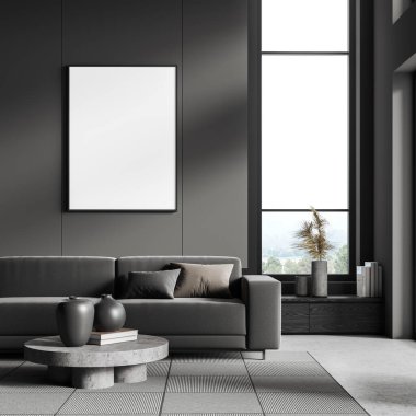 Şık bir oturma odası. Kanepe, büfe, dekorasyon ve kitaplarla dolu bir sehpa. Kırsal kesimde panoramik pencere. Boş tuval posteri yap. 3B görüntüleme