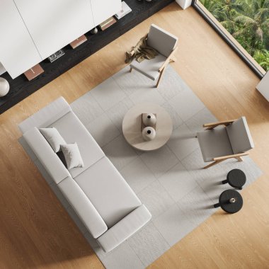 Lüks ev oturma odası manzarası kanepe ve koltuklarla dolu. Çekmece, dekoratif kahve masası, ahşap zeminde halı, pencereli rahat bir köşe. 3B görüntüleme