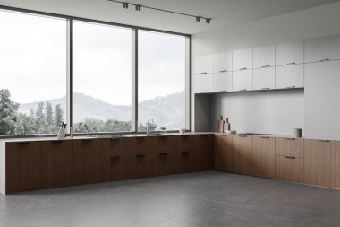 Beyaz otel mutfağı içinde ahşap raflar, yan manzaralı mutfak gereçleri ve lavabolu soba. Kırsalda panoramik penceresi olan rahat, minimalist yemek pişirme köşesi. 3B görüntüleme