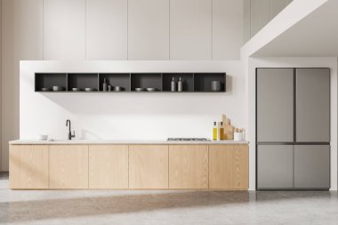 Beyaz duvarları, beton zemini, fırında, lavaboda ve büyük buzdolabında bulunan rahat ahşap dolapları olan modern mutfağın içi. 3d oluşturma