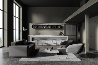 Gri duvarları, beton zemini, rahat gri koltuğu ve sehpanın yanında duran koltuğu ve arka planda ada ve buzdolabı olan rahat mutfağı olan şık bir oturma odası. 3d oluşturma