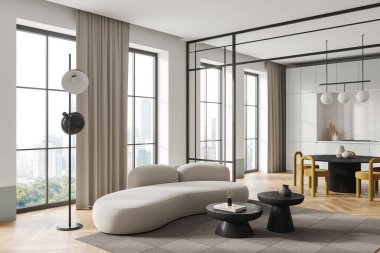 Kanepe ve lambalı rahat stüdyo dairesi, yemek masası ve sandalyeli yan görüş yemek alanı, cam ayırıcı. New York gökdelenlerinin panoramik penceresi. 3B görüntüleme