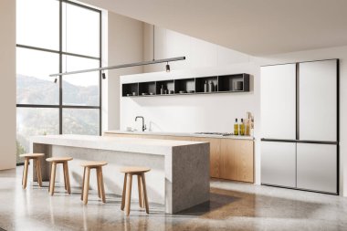 Otel mutfağının içi taş tezgahlı, yemek köşesi raf ve buzdolabı dolu. Kırsal kesimde panoramik penceresi olan bir dairede modern yemek alanı. 3B görüntüleme