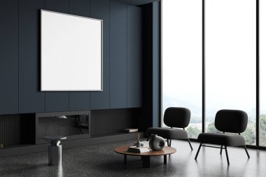 Mavi duvarları, beton zemini, yuvarlak sehpanın yanında duran iki rahat koltuğu ve şöminenin üstünde asılı kare şeklinde afişi olan şık oturma odasının köşesi. 3d oluşturma