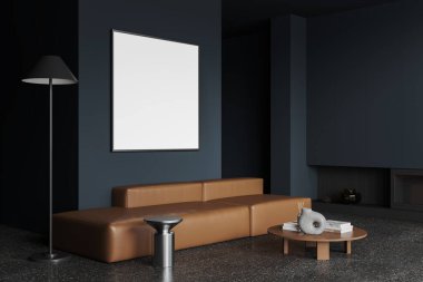 Koyu mavi oturma odasının iç tarafı kanepe, şömine ve granit zeminde süslemeli kahve masası. Boş kare posterli şık bir köşe. 3B görüntüleme