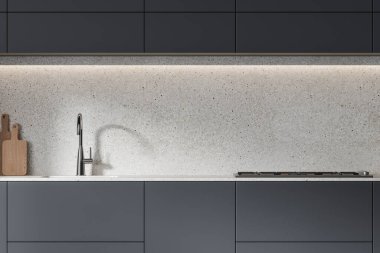 Beyaz duvarları olan şık bir mutfak. Lavabo, fırın ve üzerlerinde rahat gri dolaplar olan gri dolaplar. 3d oluşturma