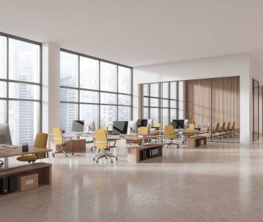 Beyaz ve ahşap duvarları olan modern açık uzay ofisinin köşesi, beton zemin, sarı sandalyeli ve arka planda cam duvar toplantı odası olan sıralı bilgisayar masaları. 3d oluşturma