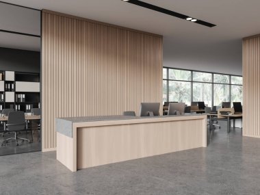 Bilgisayarlı resepsiyon masası, yan görüş cam toplantı odası ve bilgisayar masaüstüyle birlikte çalışma köşesi. Tropik bölgelerde panoramik pencere. Boş duvar. 3B görüntüleme