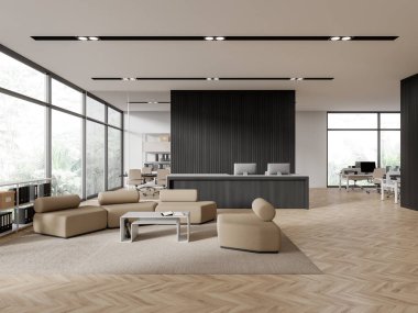 Bekleme yeri, resepsiyon masası ve bilgisayarları olan modern ofis içi. Cam konferans odası ve bilgisayar masaüstüyle ortak çalışma alanı. Tropik bölgelerde panoramik pencere. 3B görüntüleme
