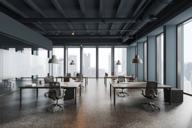 Dark blue office interior with coworking and conference room, laptop computers on tables in row. Glass meeting space and panoramic window on Bangkok skyscrapers. 3D rendering clipart