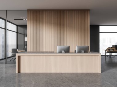 Bilgisayarlı resepsiyon masası, cam konferans odası ve bilgisayar masaüstü ile birlikte çalışma alanı olan şık bir ofis. Gökdelenlerin panoramik penceresi. Boş duvar. 3B görüntüleme