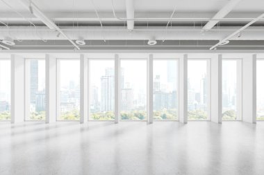 Modern açık alan boş ofis odası içi aydınlık beton zemin, mobilyası olmayan büyük çatı katı. Bangkok gökdelenlerinin panoramik penceresi. 3B görüntüleme