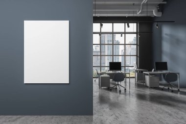 Koyu mavi iç mekan sandalyelerle, masa bilgisayarlı gri beton zemin. Bangkok gökdelenlerinin panoramik penceresi. Bölümdeki tuval posterini taklit et. 3B görüntüleme