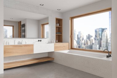 Modern banyonun köşesinde beyaz duvarlar, beton zemin, rahat beyaz küvet ve büyük aynalı büyük lavabo. 3d oluşturma