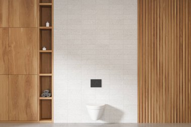 Beyaz ve ahşap duvarlı modern tuvaletin içi, ahşap zemin, rahat beyaz klozet ve havlu dolu raflar. 3d oluşturma