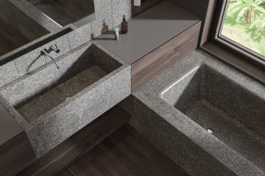 En iyi otel banyosu manzarası banyo küveti ve taş kibir ile lavabo, ahşap zemin. Modern dairede banyo köşesi. Tropik bölgelerde panoramik pencere. 3B görüntüleme