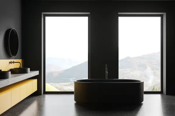 时尚浴室的内部 有灰色和黄色的瓷砖墙 混凝土地面 舒适的灰色浴缸站在窗户附近 双水池与圆形镜子 3D渲染 — 图库照片