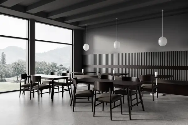 Dark restaurant interior with wooden chairs and table in row, corner view. Modern cafe design with minimalist furniture, panoramic window on countryside. 3D rendering