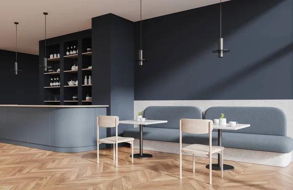 Corner of stylish restaurant with gray walls, wooden floor, cozy gray bar counter and soft gray sofas standing near square tables with chairs. 3d rendering