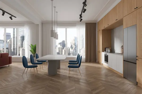 Luxury flat studio interior with sofa, dinner table and cooking cabinet with refrigerator. Panoramic window with tulle on New York skyscrapers. 3D rendering