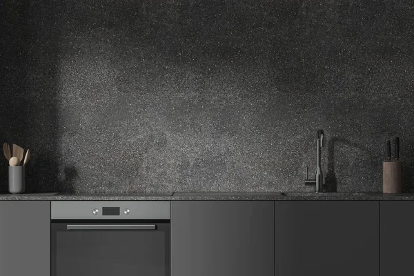Interior Stylish Kitchen Gray Walls Comfortable Gray Cabinets Built Modern — Stock Photo, Image