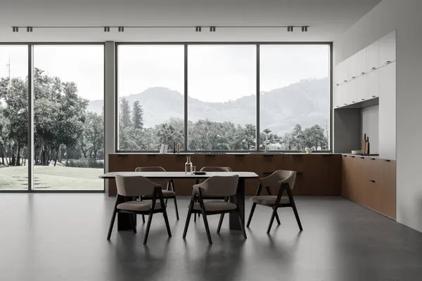 Interieur Der Stilvollen Küche Mit Grauen Wänden Betonboden Komfortablen Holzschränken — Stockfoto