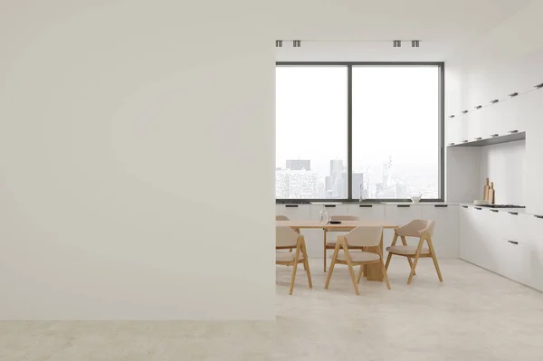 Interior Modern Kitchen White Walls Concrete Floor Comfortable White Cabinets — Stock Photo, Image