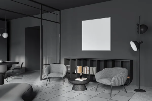 Dark studio flat interior with relax place and sideboard, carpet on grey concrete floor. Meeting and dining zone with glass divider. Mock up square canvas poster on wall. 3D rendering