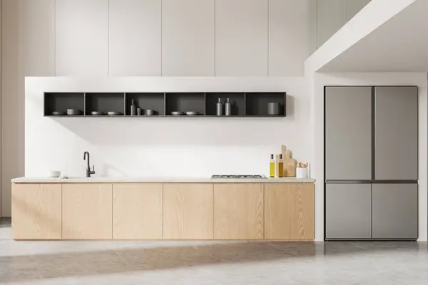 Interior Cocina Moderna Con Paredes Blancas Suelo Hormigón Cómodos Armarios — Foto de Stock