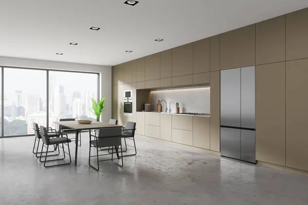 Hoek Van Moderne Keuken Met Witte Beige Muren Betonnen Vloer — Stockfoto