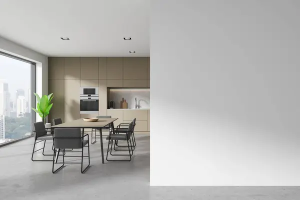 Interieur Van Moderne Keuken Met Witte Beige Muren Betonnen Vloer — Stockfoto