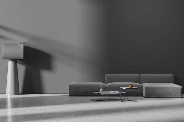 Interior of stylish minimalistic living room with gray walls, concrete floor, cozy gray couch standing near round coffee tables and copy space wall. 3d rendering