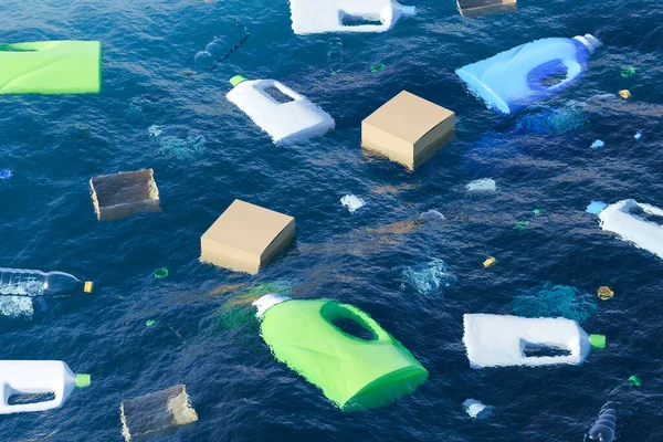 Ocean Pollution Plastic Bottles Paper Boxes Floating Water Surface Concept — Stock Photo, Image