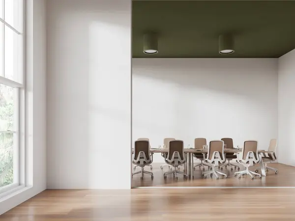 玻璃办公室内部有扶手椅和木板 硬木地板 简约的灯光与热带地区的空间和全景窗口相接 模拟复制空间空白墙壁 3D渲染 — 图库照片